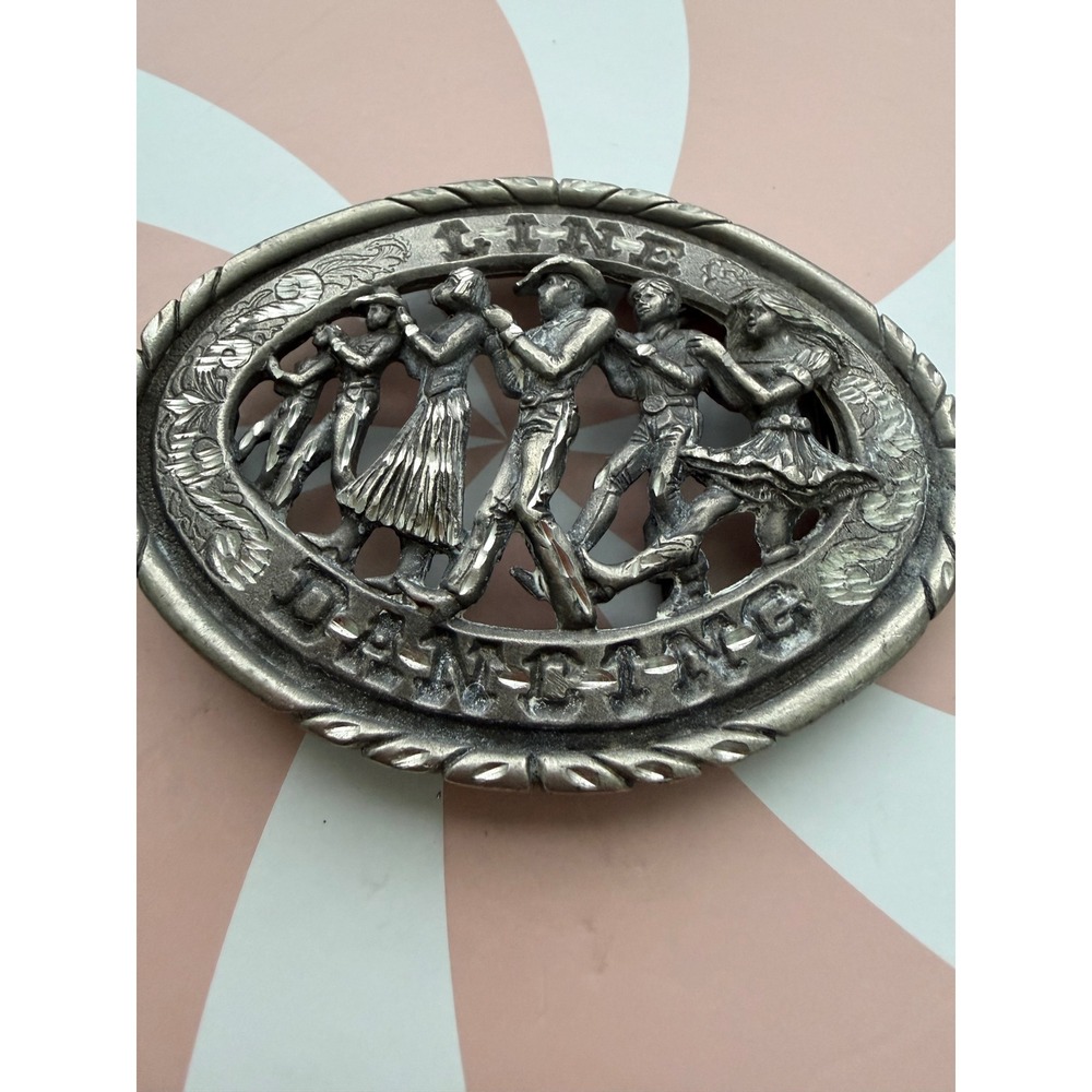 Vintage Line Dancing Belt Buckle Pewter Tone Western Country Cowboy Oval Relief